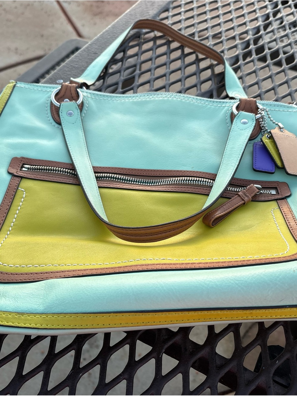 Coach Mint Green and Yellow Leather Shoulder Bag with Brown Trim - Picture 9 of 9